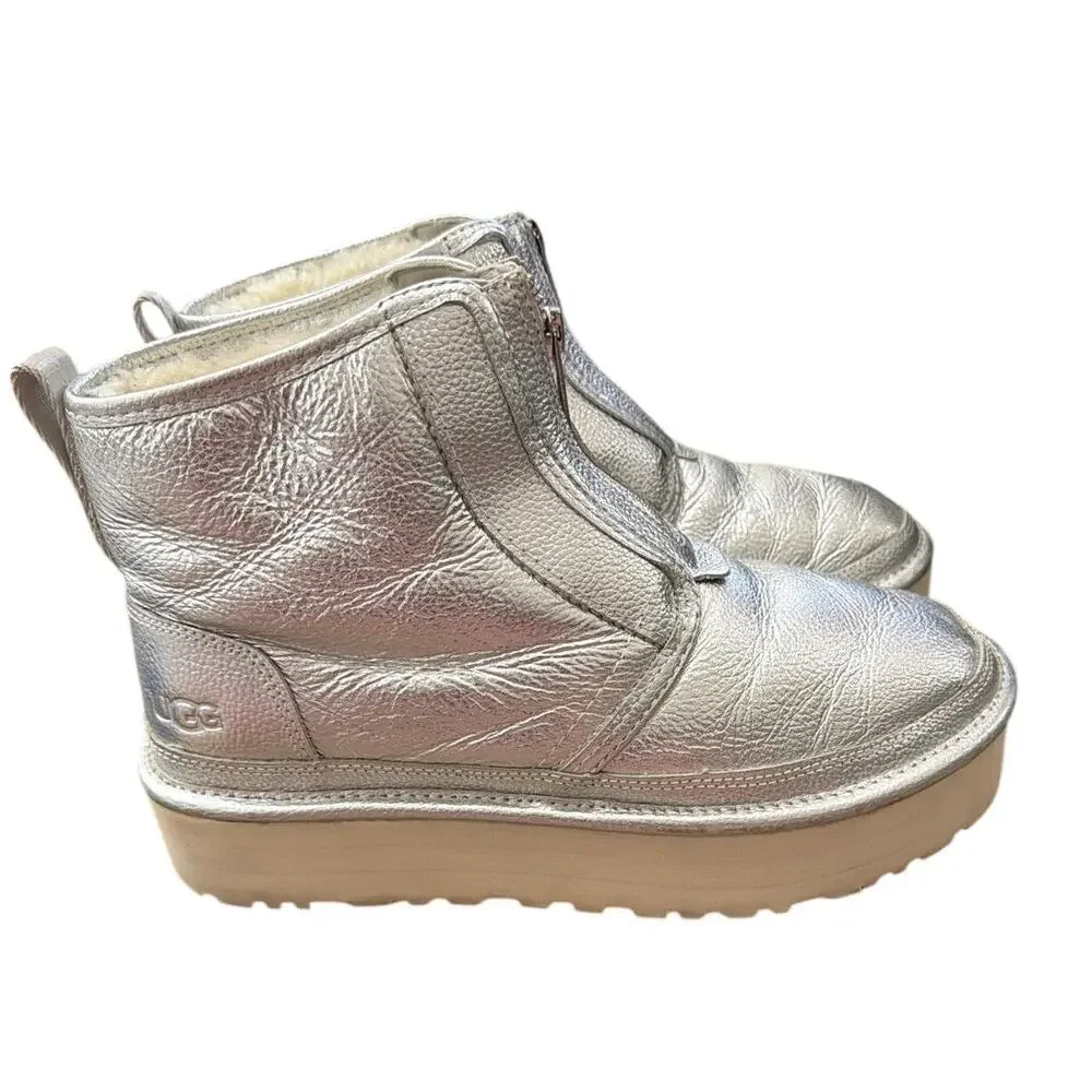 UGG Women's Neumel Platform Zip Shine Boots Silver Metallic Size 9
